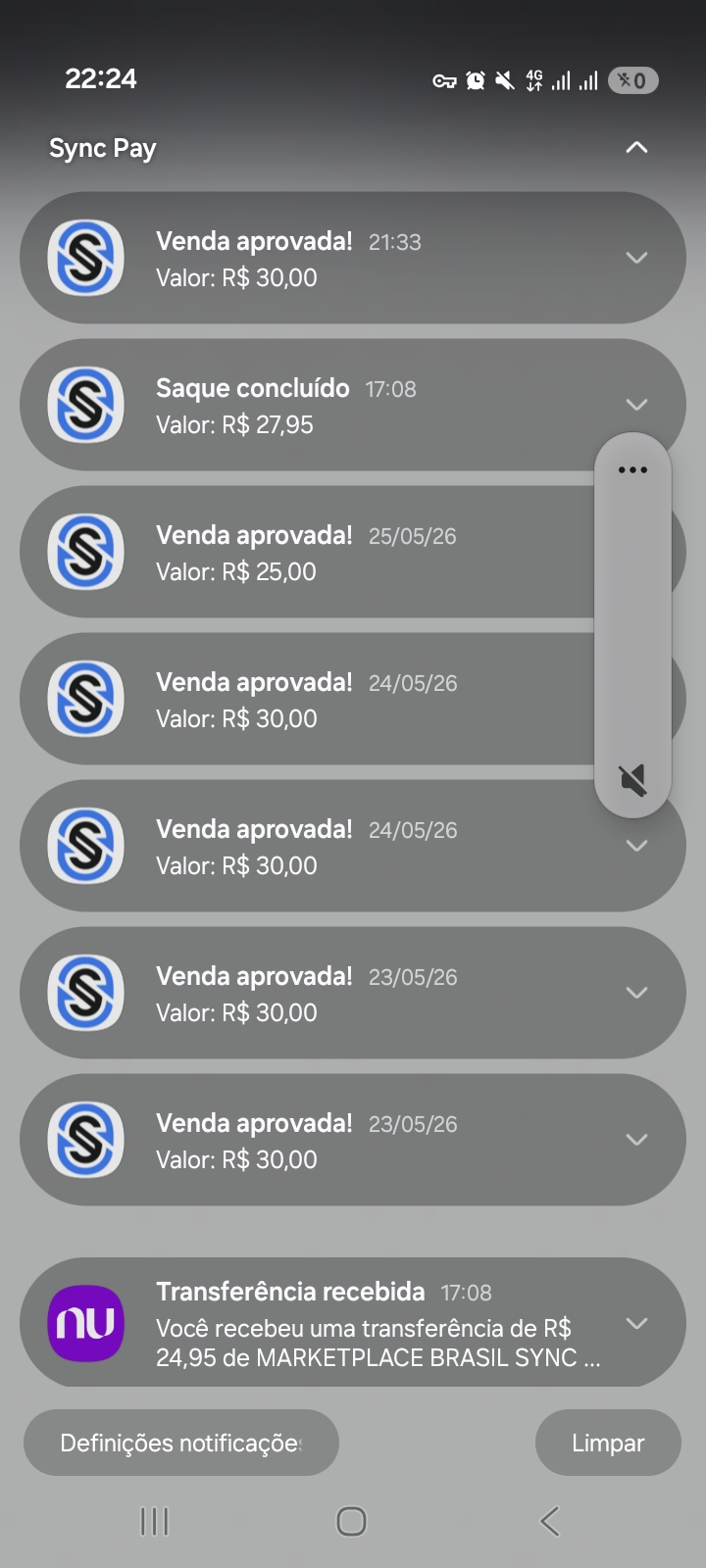 Vendas + saque concluído na Sync Pay